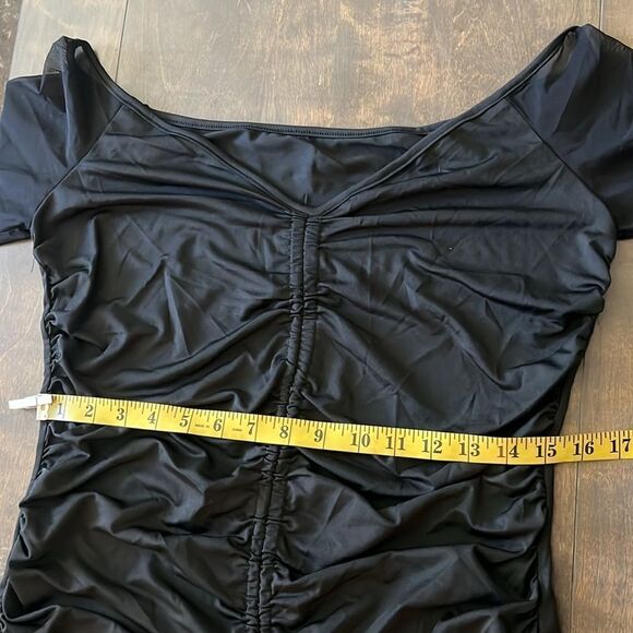 Sexy Mesh Bodycon Off Shoulder Long Sleeve Ruched Drawstring Knee Length Dress - Picture 12 of 14